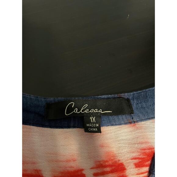 Calessa Blouse Womens 1X Blue Red Tie Dye Embroidered Boho Tunic Button Front - Picture 3 of 7